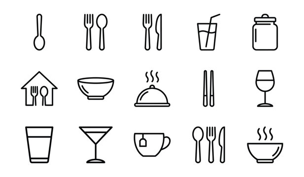 Collection of food and drink icons with illustration restaurant beverage cocktail appetizer refreshment container