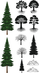 Fototapeta premium Detailed Tree Silhouette Collection Featuring Pine Trees, Forest Elements, and Seasonal Nature Illustrations for Landscape and Environmental Design