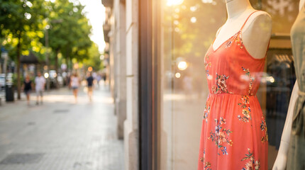 Obraz premium Female mannequin dressed in a floral summer dress displayed in a shop window, with a sunlit street and blurred pedestrians visible in the background