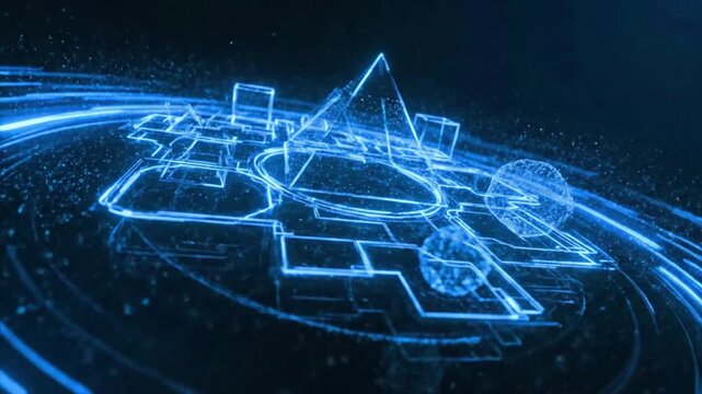 abstract blue neon wireframe geometric shapes with pyramid and sphere rotating on digital circuit interface background