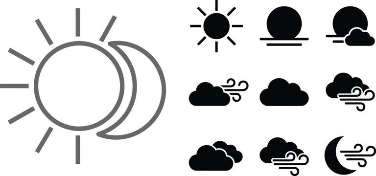 Minimalist vector illustration of sun and moon celestial icons symbolizing day and night cycle isolated on black background for graphic design