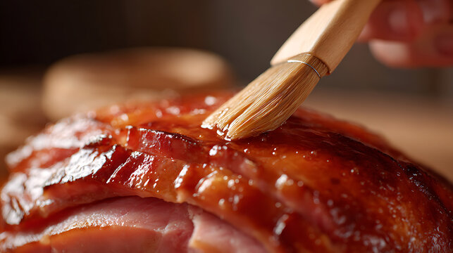 Close up of a cooking scene featuring a succulent, glazed ham being brushed with a rich, sweet sauce for a perfect, golden finish. Delicious meal preparation