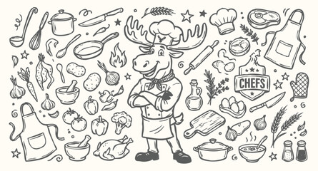 Fototapeta premium Vector doodle set of moose chef mascots and kitchen tools.