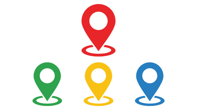 Location pin markers displayed in red green yellow and blue colors indicate geographical points of interest on a digital map interface while offering plenty of white copy.
