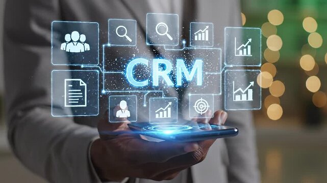 Customer relationship management interface hologram evolving with digital icons on a smartphone screen