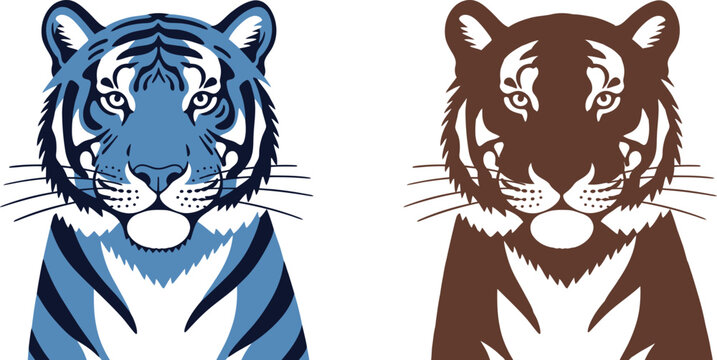 Vibrant blue and brown tiger head illustrations