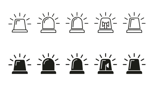 Beacon lights emit warning signals in a set of stylized graphic icons presented in both outline and solid-filled versions for emergency and industrial alert systems usage.