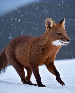 A dhole  rat genetic hybrid experiment ai-generated, fictional species trotting in a winter storm ridge