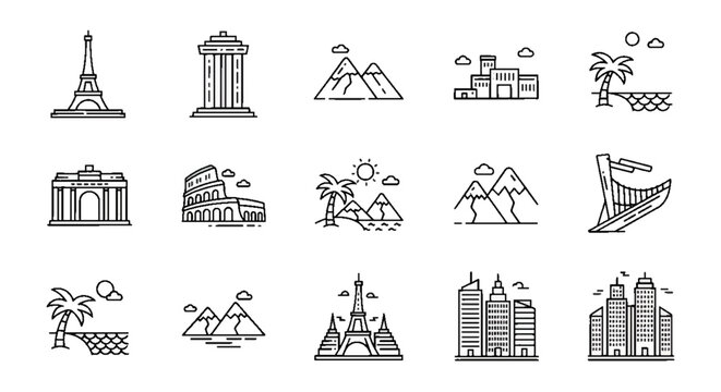 Set of hand drawn travel landmarks and global icons.