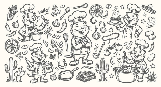 Vector doodle set of prairie dog chef mascots with Western-themed kitchen elements and food ingredients.