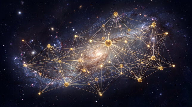 Abstract golden network of connected glowing spheres and lines, representing global data, AI, and technology, set against a vibrant galaxy and deep space background.