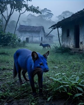 A indigo dhole  rat genetic hybrid experiment ai-generated, fictional species in an abandoned village