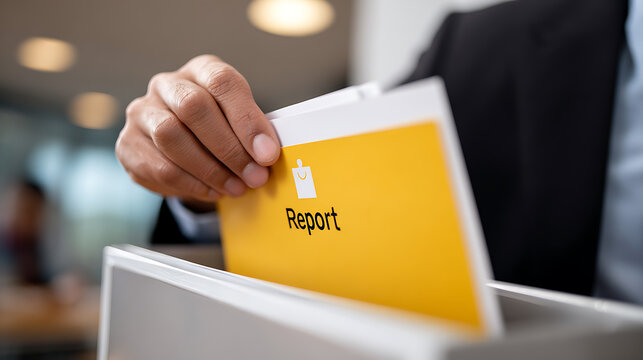 Professional hand insert document to organize file, business person archive important information, financial data, or project summary in office