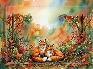 Fototapeta premium Watercolor autumn fox family resting among colorful fall foliage and forest plants with warm seasonal tones for nature themed designs.