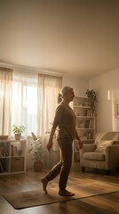 Fototapeta premium Senior woman practicing yoga at home in warm sunlight streaming through living room windows during morning wellness routine.