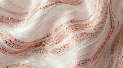 Obraz premium Elegant rose gold glitter marble texture with flowing wavy patterns on soft blush pink background, perfect for luxury design projects.