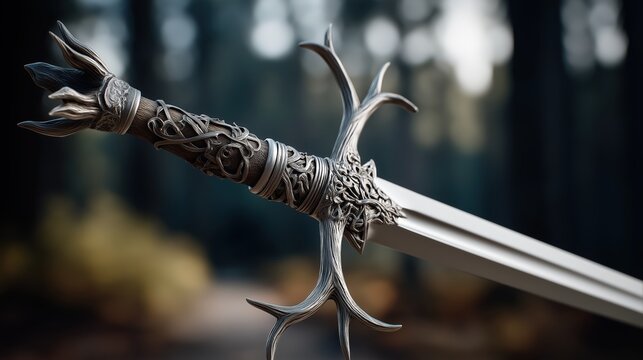 Fantasy sword with stag antler hilt and polished steel blade in woodland style.