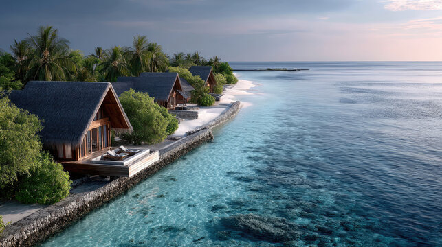 Overwater bungalows stand on stilts over vibrant turquoise ocean, featuring thatched roofs and private decks, providing a serene setting for luxurious beach holidays and tropical getaways