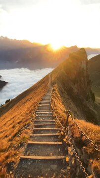 Sunset on the ridge hike from Stoos with a stepped path in the foreground and a breathtaking sea of fog in beautiful autumn time