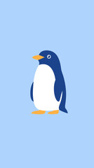 Fototapeta premium Minimalist flat vector illustration of standing blue and white penguin with orange beak and feet on light blue background for wildlife and animal design concepts
