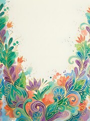 Obraz premium Colorful watercolor floral border with swirling leaves and blooms in teal, purple, and coral, framing a cream background with copy space.