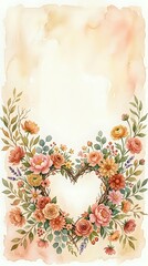 Naklejka premium Watercolor floral heart wreath with roses, peonies and greenery on textured paper background for wedding invitations and romantic designs.