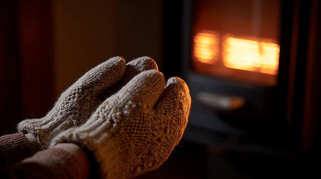 Cozy Winter Evening: Hands in Warm Knitted Mittens by the Hearth, Embracing Comfort and Seasonal Warmth Close to a Blazing Fireplace