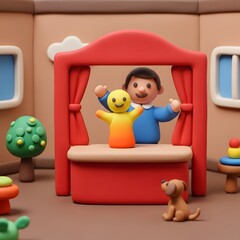 Fototapeta premium Puppeteer performs a show with a yellow hand puppet on a miniature red stage in a stylized room.