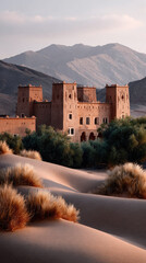 Fototapeta premium Ancient Ksar structures with traditional Moroccan architecture built from earth and clay, standing against a sunset sky and arid mountains, creating a timeless scene of a fortified village