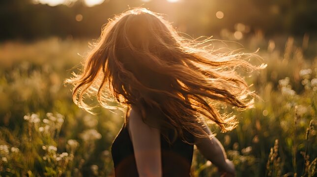 Young woman with flowing red hair dancing in golden sunlight meadow with wildflowers during sunset creating dreamy atmospheric moment for wellness lifestyle content.