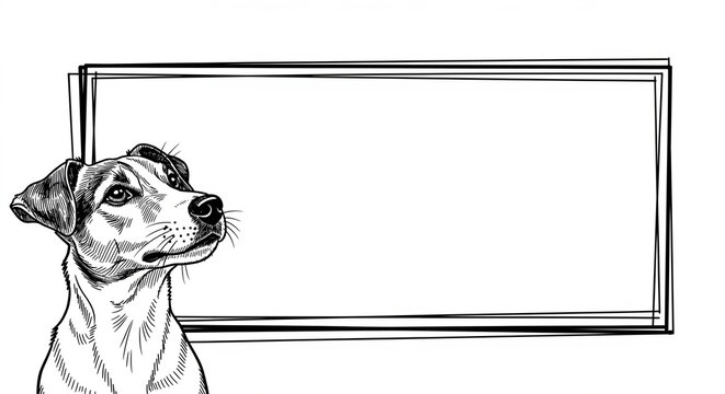Ink drawing of a dog looking to the side with a blank frame  