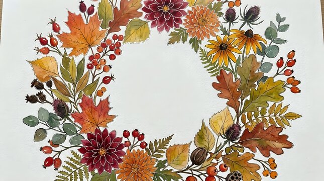 Watercolor autumn wreath with colorful fall leaves, berries, dahlias, and wildflowers arranged in a circular frame on white background.