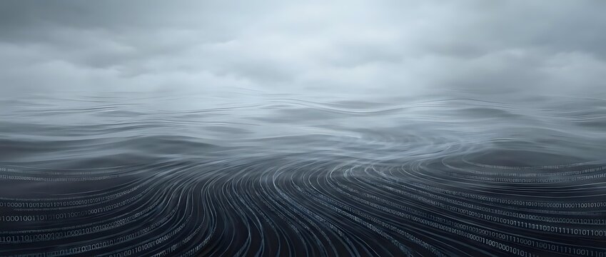Digital ocean waves with flowing data streams and binary code patterns creating futuristic seascape for technology and cyber security concepts.