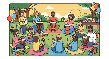 Naklejka premium Diverse group of people participating in a joyful drum circle at an outdoor birthday celebration in a sunny park with music and balloons.