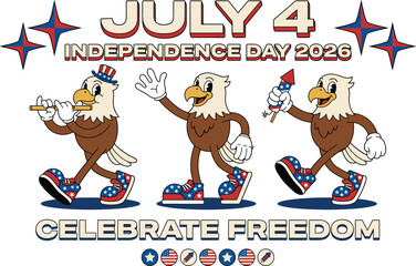 Fototapeta premium July 4 Independence Day 2026 Celebrate Freedom Retro Cartoon Bald Eagle Mascot Trio Uncle Sam Hat Fireworks Rocket Patriotic T-Shirt Vector Design Isolated on Transparent Background