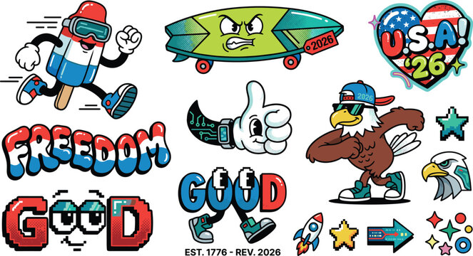 Freedom USA 2026 Est 1776 Retro Cartoon Sticker Pack Bald Eagle Popsicle Skateboard Thumbs Up Pixel Art Graffiti Patriotic Street Style Vector Clipart Set Isolated on Transparent Background