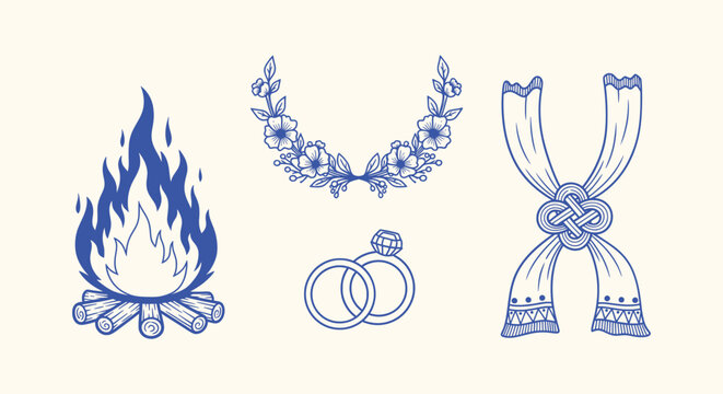 Set of Hand Drawn Blue Wedding Icons Including Bonfire Floral Wreath Rings and Handfasting Knot Art