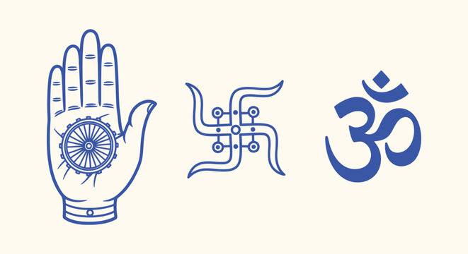 Minimalistic Blue Vector Art of Traditional Indian Symbols Om Swastika and Palm with Dharma Chakra.