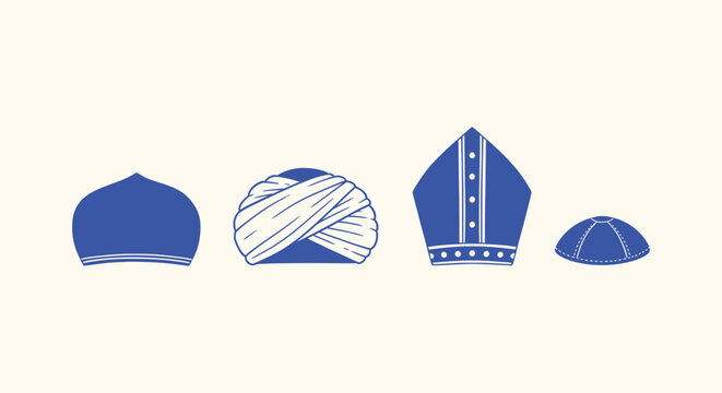 Collection of Diverse Religious Headwear Icons Turban Mitre Kippah and Prayer Cap Vector Graphics
