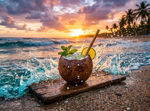 Coconut cocktail on wooden board with splashing water at sunset beach