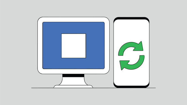 Blue computer monitor with white screen and green recycling symbol on white background display