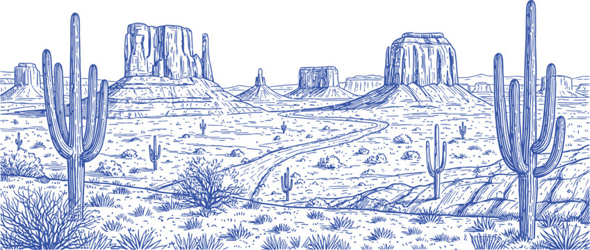 Desert landscape with rock formations and cacti