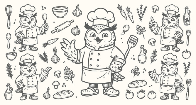 Vector doodle set of owl chef mascots with kitchen tools and fresh food ingredients. Hand-drawn line art collection of wise cartoon animal characters and culinary icons isolated on a light background.