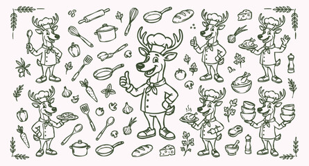 Vector doodle set of deer chef mascots with a collection of kitchen tools and food ingredients. Hand-drawn line art of reindeer characters and culinary elements isolated on a light background. © Avartde