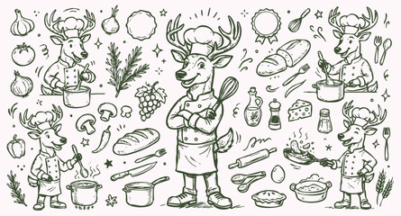 Vector doodle set of deer chef mascots with a collection of kitchen tools and food ingredients. Hand-drawn line art of reindeer characters and culinary elements isolated on a light background. © Avartde