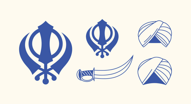 Sikhism Religious Symbols Collection with Khanda Kirpan and Turban Icons Blue Vector Graphic Set