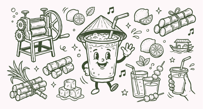 Vintage 1930s Rubber Hose Style Vietnamese Juice Mascot and Tropical Beverage Doodle Set