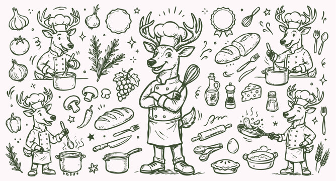 Vector doodle set of deer chef mascots with a collection of kitchen tools and food ingredients. Hand-drawn line art of reindeer characters and culinary elements isolated on a light background.