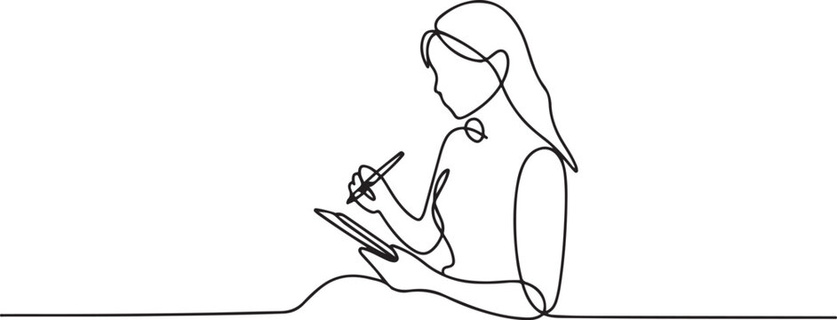 Continuous one line of female taking notes and using digital tablet in silhouette on a white background. one line icon drawing vector