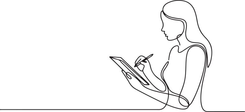 Continuous one line of female taking notes and using digital tablet in silhouette on a white background. one line icon drawing vector